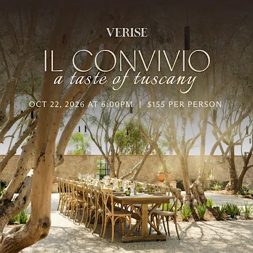 Event flyer: Verise “Il Convivio—A Taste of Tuscany,” outdoor dinner, Oct 22 2026 6:00PM, $155/person.